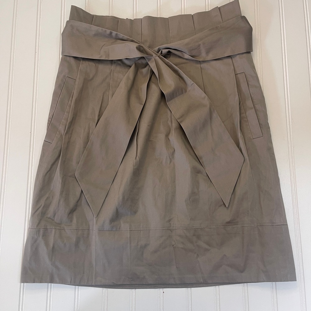 BCBGMAXAZRIA Stella Paperbag Waist Skirt Taupe Grey Tie Front Academia Womens 4